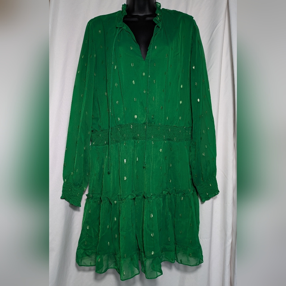 NSR Green semi-sheer long sleeve metallic dot frilly mini |‎ Size XL